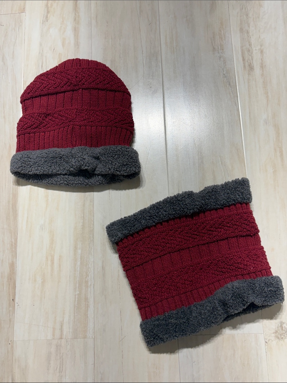 Maroon Knit Beanie and Neck Warmer Set with Gray Sherpa Trim